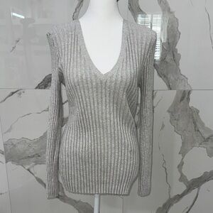 Sundance Gray V-Neck Cotton Ribbed Sweater